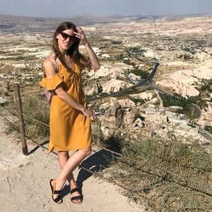 Angeleye Mustard Off-the-shoulder Lace-up Dress, Size XS / US 4